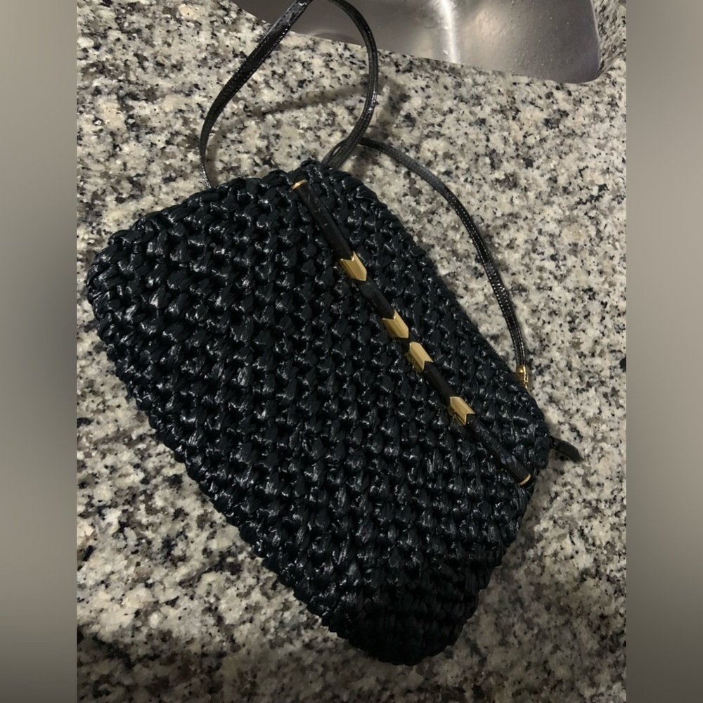 Black Woven Crossbody Bag Gold Accents rodo purse vintage fall classic Italy